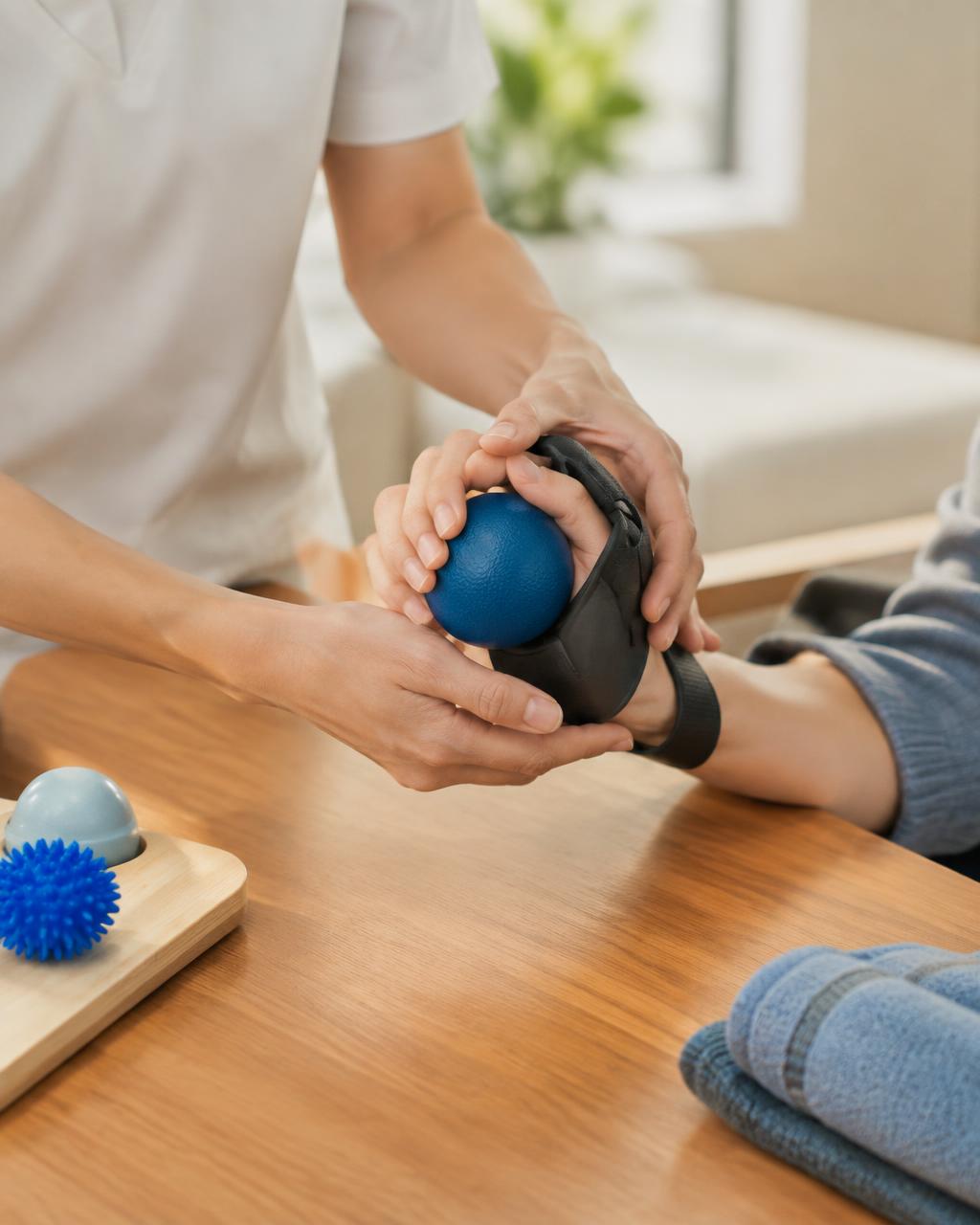 Handtherapeutische Übung mit Therapieball und Schiene